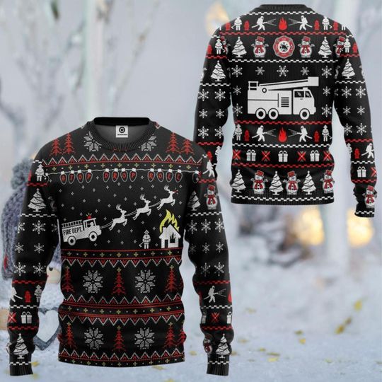 Stop Drop Roll Firefighter Ugly Christmas Sweater, Holiday Crewneck, Fire Truck Knit Pullover, Xmas Gift