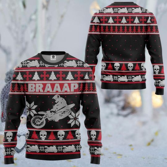 Discover Braaaap Motocross Ugly Christmas Sweater, Black Knit Look Dirt Bike Rider Skull Snowflake Fair Isle, Funny Holiday Party Gift