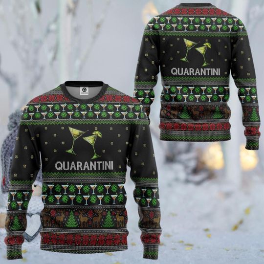 Discover Quarantini Ugly Christmas Sweater, Martini Cocktail Funny Holiday Crewneck, Black Knit Look Xmas Pullover, Party Novelty Gift