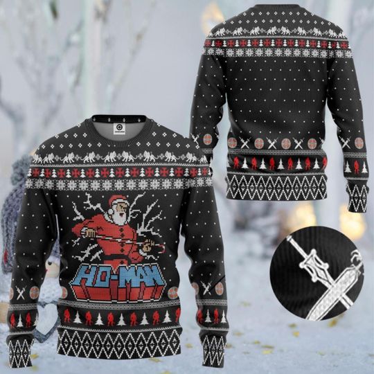 Discover Ho-Man Santa Ugly Christmas Sweater  Black Retro Pixel Art Holiday Jumper with Swords, Snowflakes, Fair Isle Borders, Funny Unisex Crewneck