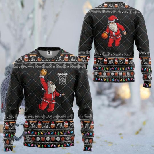 Discover Basketball Santa Ugly Christmas Sweater, Dunking Santa Hoop Jumper, Black Argyle Knit with Snowflakes Lights, Funny Sports Holiday Gift