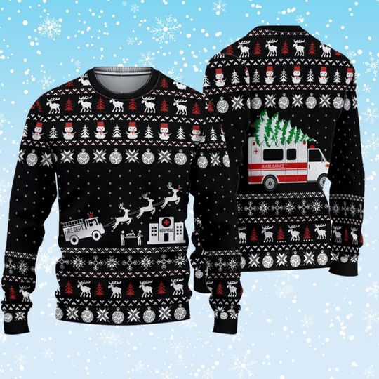 Discover EMS Ambulance Ugly Christmas Sweater, Fire Truck Reindeer Hospital Knit, First Responder Holiday Jumper Gift for EMT Paramedic