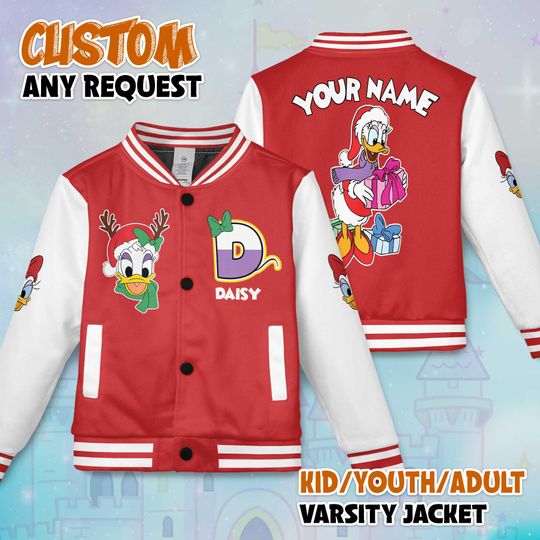 Custom Daisy Duck Varsity Jacket, Personalized Daisy Duck Varsity Baseball Jacket, Kids Youth Adult Varsity Jacket