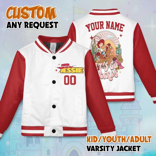 Personalized Jessie Varsity Jacket, Custom Toy Story Baseball Jacket, Jessie Kids Youth Adult Varsity Jacket