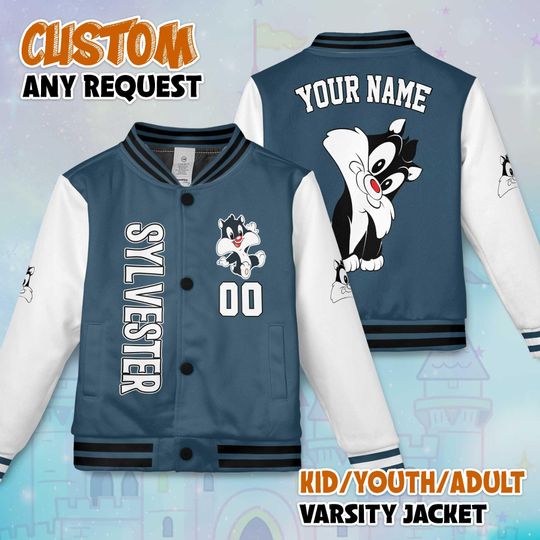 Custom Baby Sylvester Varsity Varsity Jacket, Personalized Looney Tunes Baseball Jacket, Sylvester Varsity Kids Youth Adult Varsity Jacket