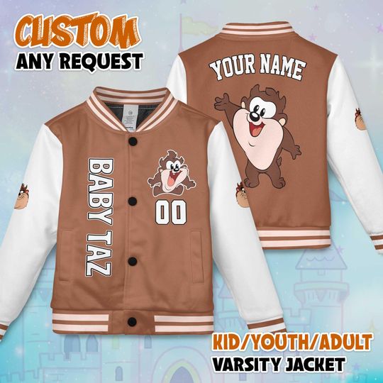 Custom Baby Taz Varsity Jacket, Personalized Looney Tunes Baseball Jacket, Baby Taz Kids Youth Adult Varsity Jacket