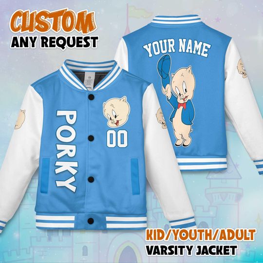 Custom Porky Pig Varsity Jacket, Personalized Looney Tunes Baseball Jacket, Porky Pig Kids Youth Adult Varsity Jacket