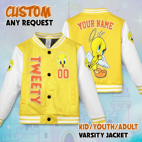 Custom Tweety Varsity Jacket, Personalized Looney Tunes Baseball Jacket, Tweety Kids Youth Adult Varsity Jacket
