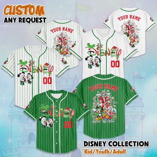 Discover Personalized Disney Merry Christmas Baseball Jersey, Mickey and Friends Jersey, Disney Family Matching Outfit, Christmas Gift for Disney