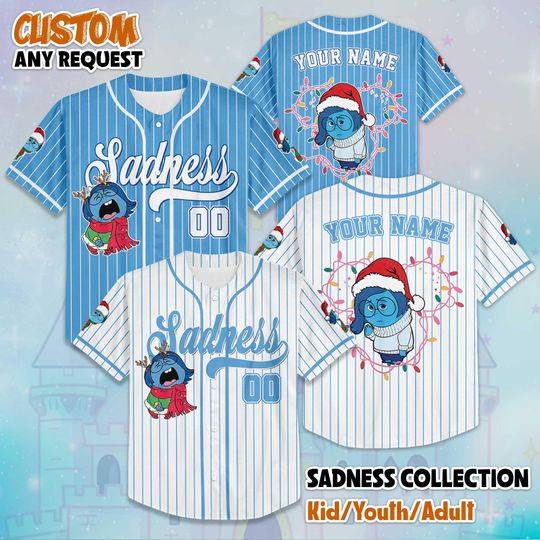 Discover Personalized Sadness Christmas Baseball Jersey, Custom Disney Inside Out Shirt, Disney Baseball Shirt for Fans, Family Baseball Jersey