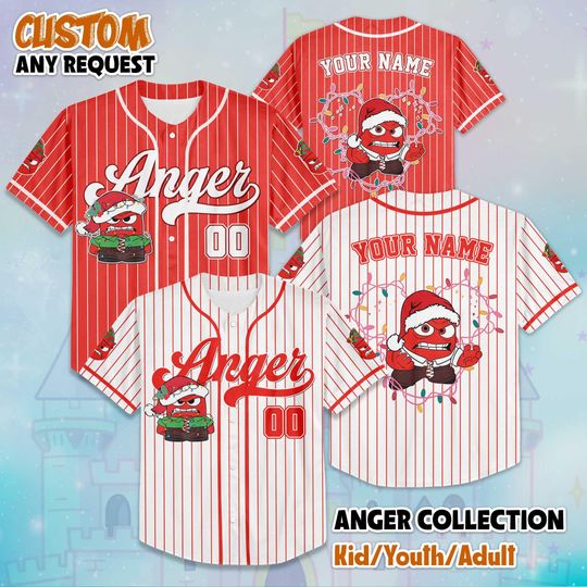 Discover Personalized Anger Christmas Baseball Jersey, Custom Disney Inside Out Shirt, Matching Disney Trip Outfit, Funny Xmas Gift for Fans