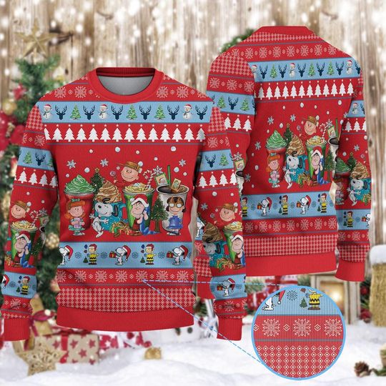 Cartoon Dog & Friends Ugly Christmas Sweater, Holiday Crewneck, Coffee Holiday Shirt, Peanuts Fan Gift