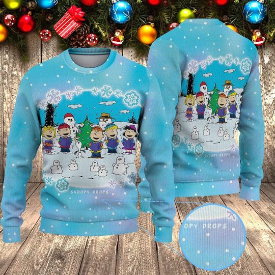 Discover Cartoon Dog & Friends Winter Sweater, Blue Christmas Sweatshirt, Funny Holiday Crewneck, Peanuts Fan Gift, Ugly Christmas Party Shirt