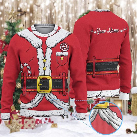 Personalized Santa Suit Ugly Christmas Sweater, Custom Name Festive Sweatshirt, Santa Claus Costume Xmas Gift, Wool Sweater