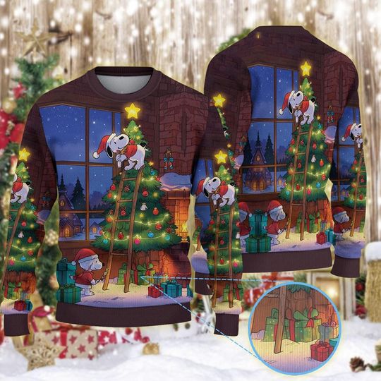 Discover Dog On Ladder Christmas Tree Ugly Sweater, Cartoon Holiday Jumper, Festive Family Movie Xmas Party Gift