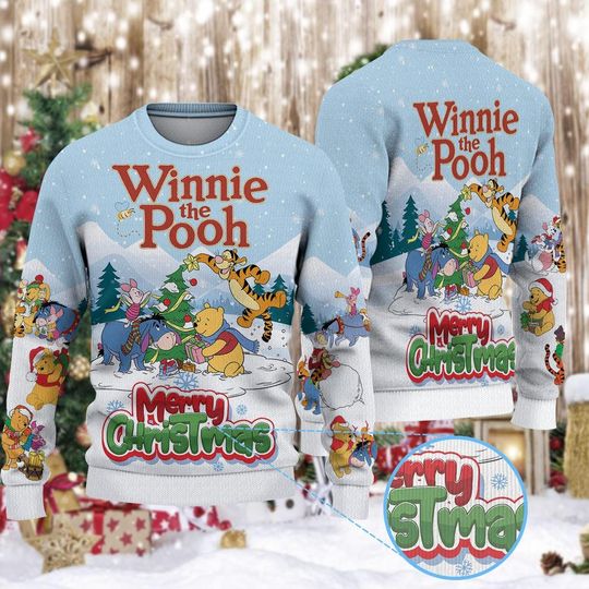 Merry Christmas Hundred Acre Wood Jumper Ugly Sweater, Friendly Bear Character Holiday Sweater, Tigger Piglet Eeyore Xmas Gift