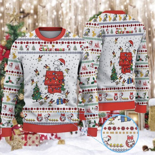 Discover Peanuts Doghouse Xmas Sweater, Cartoon Dog Holiday Sweatshirt, Funny Cute Christmas Pullover, Red White Ugly Sweater, Character Fan Gift