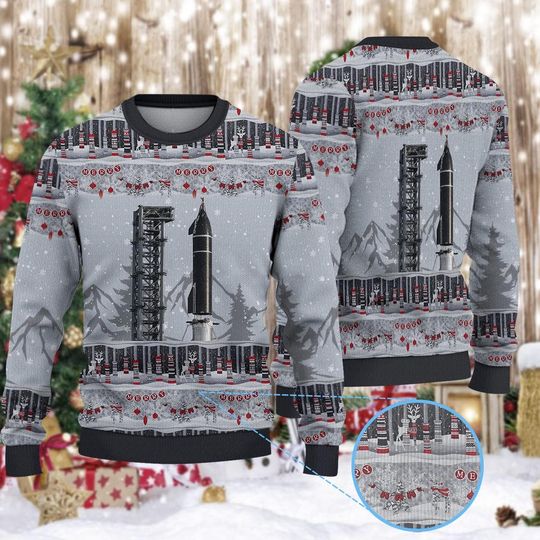 Discover Space Rocket Launch Ugly Christmas Sweater, Sci-Fi Holiday Sweatshirt, Astronaut Geek Gift, Gray Winter Pullover, Science Xmas Party Shirt