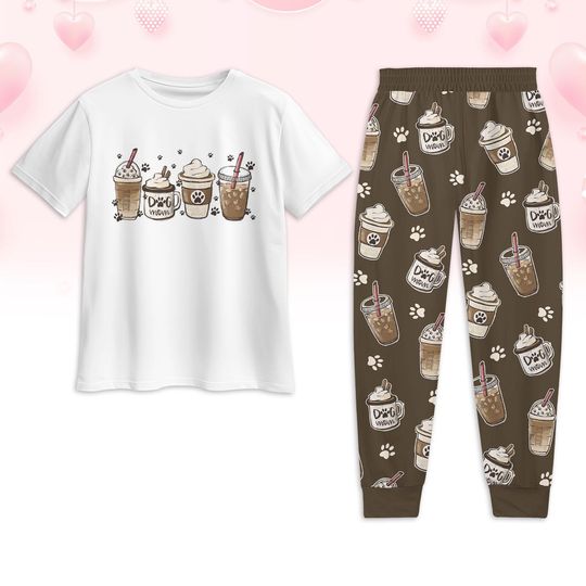 Dog Coffee Cup Pajamas Set, Dog Lover Tshirt And Pants, Animal Lover Pajamas Women, Matching Pajamas Set, Dog Mom Pajamas For Her