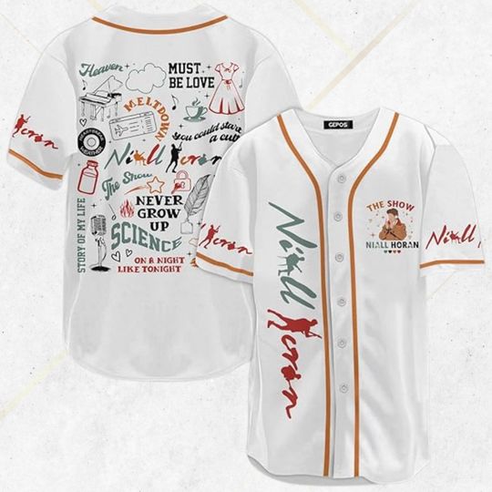 Niall Horan Inspired Baseball Jersey, White Button Up with Orange Piping, The Show Tour Collage Lyric Icons Graphic, Concert Fan Gift Shirt