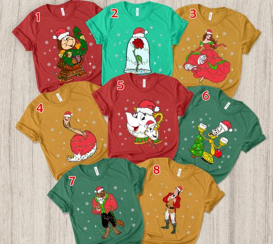 Discover Beauty And The Beast Characters Group Christmas Light Matching T-shirt, Disney Belle Gaston Lumiere Xmas Tee, Disneyland Family Trip Gift