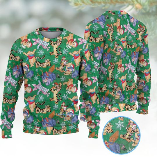 Discover Winnie The Pooh Christmas Ugly Sweater, Cozy Cartoon Winter Pullover For Her, Disneyland Christmas Gift, Cute Disney Holiday Sweatshirt