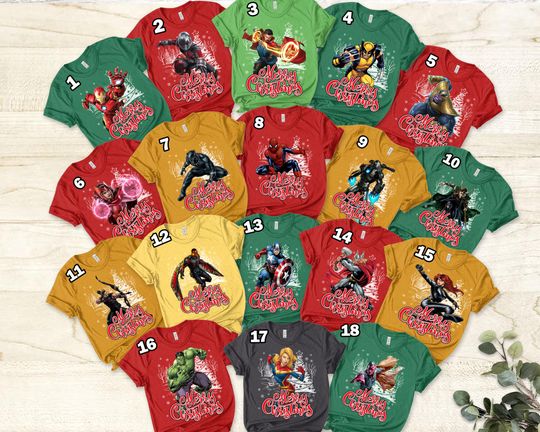 Discover Avengers Christmas Character T-Shirt, Marvel Superhero Christmas Shirt, Avengers Assemble Matching Xmas Shirt, Disney Family Party Shirt