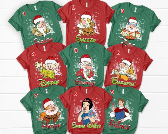 Discover Disney Snow White and Seven Dwarfs Christmas T-Shirt, Grumpy Dopey Happy Sneezy Sleepy Doc Bashful Prince Costume Santa Shirt