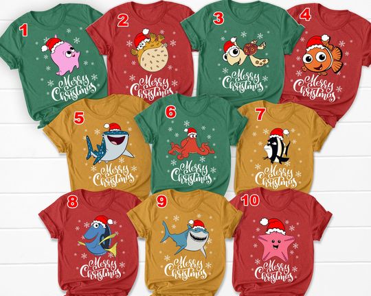Discover Disney Finding Nemo Christmas T-shirt, Custom Character Marlin Dory Crush Bruce Xmas Matching Tee, Disney Family Party Shirt Gift