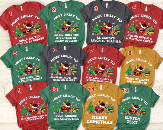 Discover Christmas Teacher Unisex T-Shirt, Most Likely To Teacher Christmas Shirts, Custom Matching Teacher T-shirt, Retro Festive Teacher Apparel