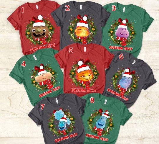 Discover Disney Elemental Christmas Unisex T-Shirt, Elemental X-mas Group Shirt, Custom Name Elemental Ember Wade Clod Gale X-mas Shirt Gift