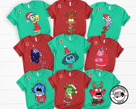 Discover Disney Inside Out 2 Characters Christmas Lights Santa Costume Tee, Joy Anxiety Anger Sadness Ennui Tee, Disney Christmas Matching Shirt