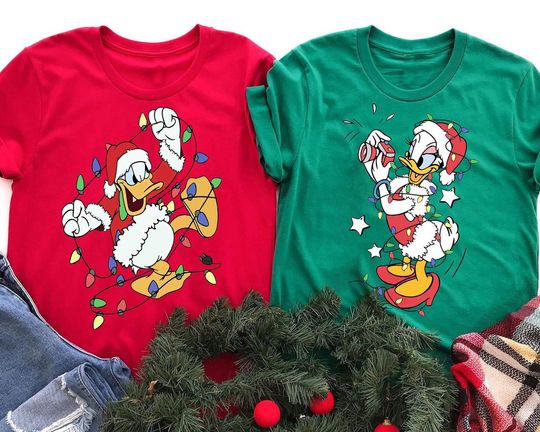 Discover Disney Couple Santa Donald And Daisy Christmas Light T-shirt, Mickey's Very Merry Xmas Party Matching Tee, Disneyland Family Holiday Gift