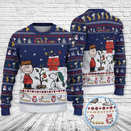 Discover Cartoon Boy & Dog Christmas Sweater, Charlie's Small Tree Crewneck, Navy Blue Holiday Shirt, Ugly Christmas Party Top, Peanuts Fan Gift