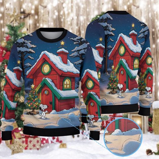 Discover Cute White Dog Cabin Ugly Sweater, Red House Christmas Crewneck, Winter Woods Holiday Sweater, Peanuts Fan Gift, Cartoon Dog Ugly Xmas