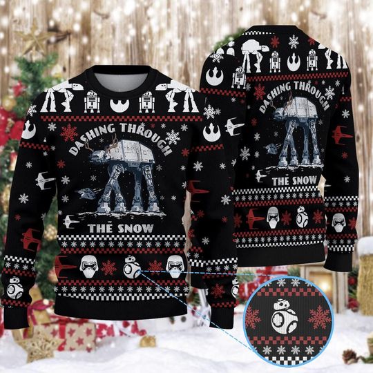 Giant Walker Holiday Ugly Sweater, Galaxy Wars Christmas Crewneck, Sci-Fi Movie Fan Gift, Dashing Through The Snow