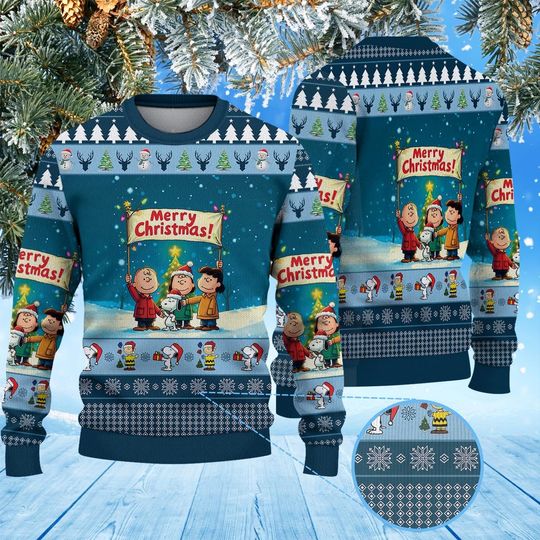 Discover Cartoon Dog & Friends Christmas Banner Ugly Sweater, Navy Blue Holiday Crewneck, Funny Xmas Party Sweater, Peanuts Fan Gift, Winter Cartoon