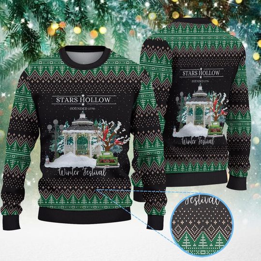 Stars Hollow Ugly Christmas Sweater, Winter Festival Holiday Sweatshirt, Fictional Town TV Show Fan Gift, Snow Globe Gazebo Crewneck