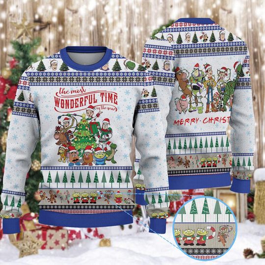 Discover Toy Movie Ugly Christmas Sweater, Pixar Cartoon Holiday Sweatshirt, The Most Wonderful Time Sweater Gift, Woody Buzz Fan Crewneck