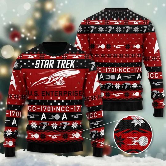 Discover Space Ship Ugly Christmas Sweater, Sci-Fi Starship Holiday Sweatshirt, Nerdy Jumper Gift for Trekkie Fan, Warp Speed Xmas Party