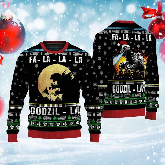 Discover Godzil Fa-la-la-la Christmas Ugly Sweater, Retro Christmas Sweater, Christmas Movie Shirt, Xmas Party Wear
