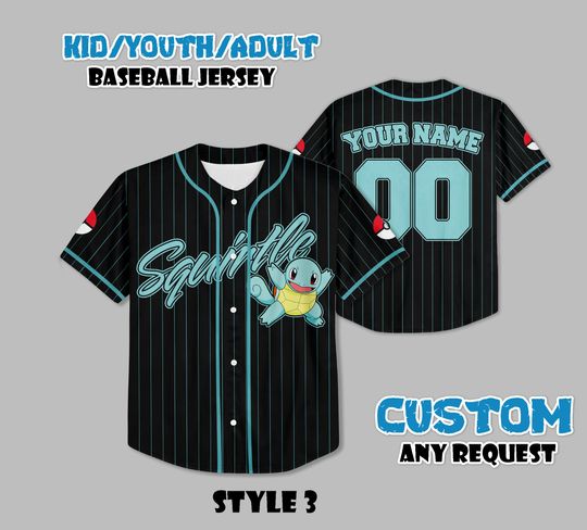 Custom Squirtle Baseball Jersey, Persionalized Baseball Jersey Shirt, Custom Kids, Youth, Adult Jersey Baseball PKM Fan Lover Gift