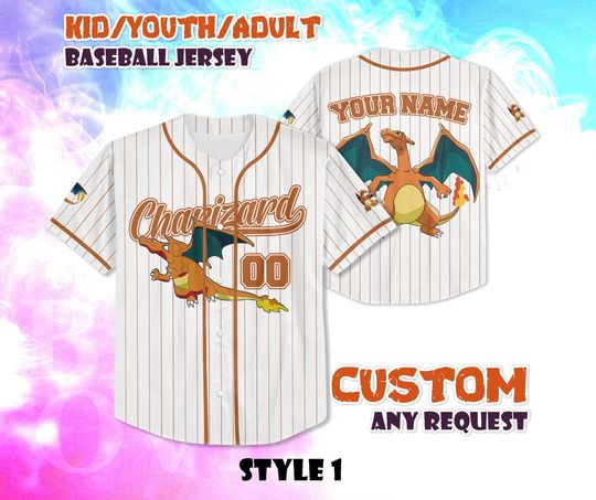 CUSTOM Charizard BaseBall Jersey, Anime Shirt, Personalized Anime Lover, Gift for Fans, Birthday Gifts, Shirt for kids and adults