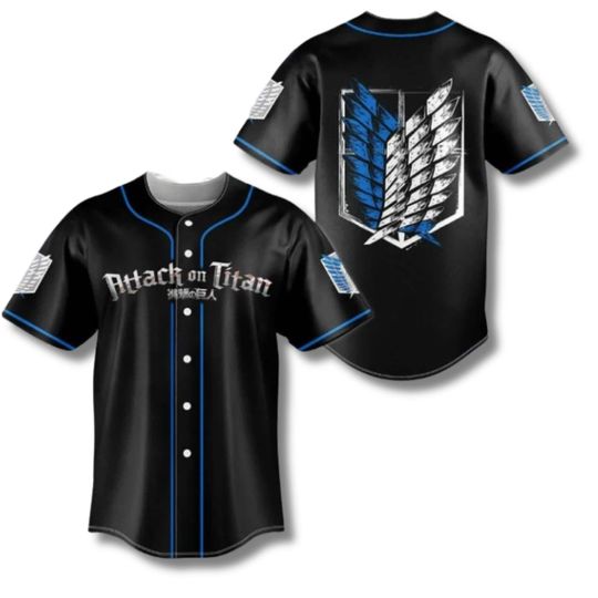 AO Titan Baseball Jersey Black Button Up with Blue Piping, Survey Corps Wings of Freedom Back, Anime Streetwear Cosplay Gift