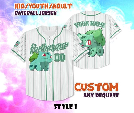 CUSTOM Bulbasaur BaseBall Jersey, Cute Anime Shirt, Personalized Anime Lover, Gift for Fans, Birthday Gifts, Shirt for kids and adults