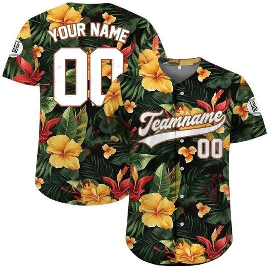 Personalized Hawaiian Baseball Jersey with Team Name Number, Custom Hawaii Floral Shirt for Men Women Youth Kid Jersey Button Down Shirt