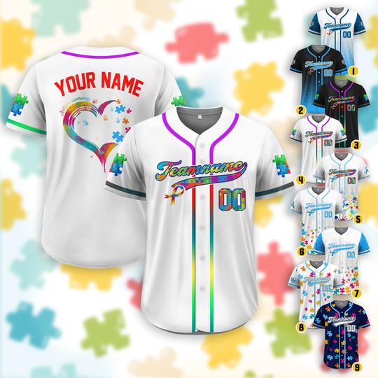 Discover Personalized Autism Awareness Baseball Jersey, Custom Name Number Puzzle Autism Baseball Jersey, Autism Warrior Support Baseball Jersey