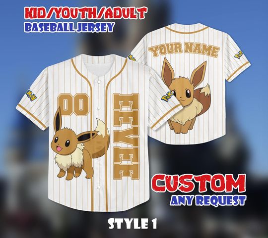 Custom Eevee Baseball Jersey, Persionalized Baseball Jersey Shirt, Custom Kids, Youth, Adult Jersey Baseball PKM Fan Lover Gift