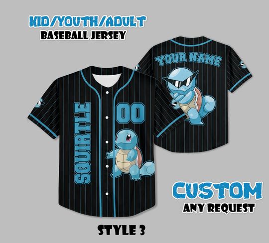 Custom Squirtle Baseball Jersey, Persionalized Baseball Jersey Shirt, Custom Kids, Youth, Adult Jersey Baseball PKM Fan Lover Gift