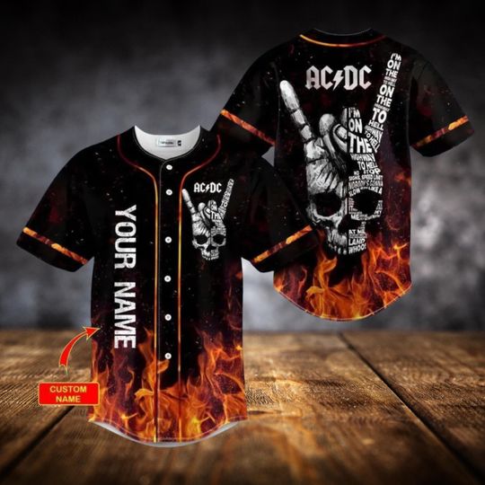 Discover AC-DC Baseball Jersey Fire Flame Skull Rock Band Custom Name Shirt